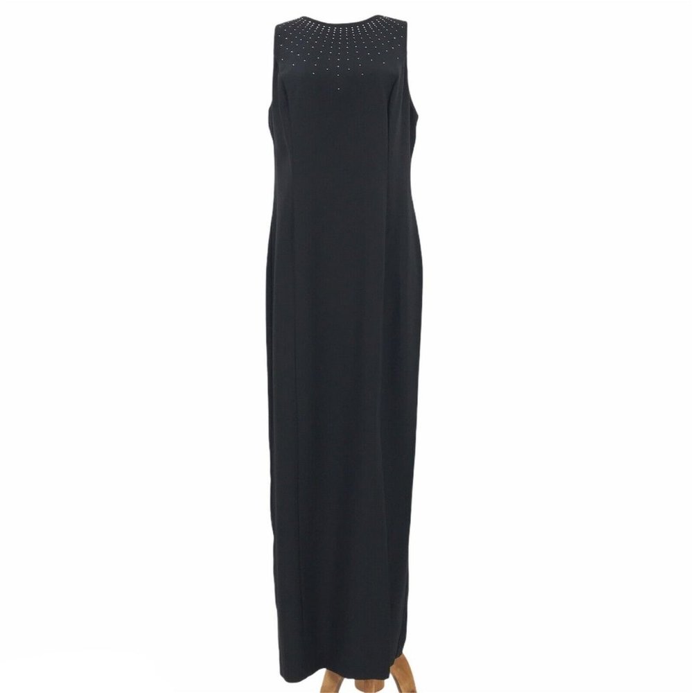 Womens Black Maxi Dress 12 Sleeveless Rhinestones Formal Party Slit Lined Zipper